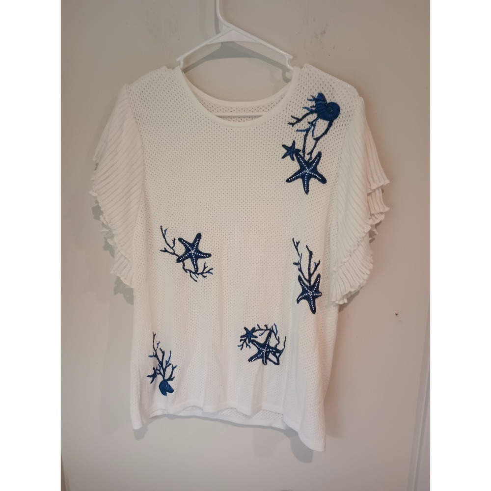 Nautical Knit Top White Blue Starfish Shell Coral Embroidered Ruffle Sleeve